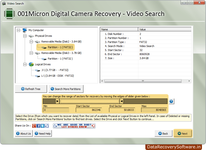 Set the Range of Sectors Digital CameraRecovery
