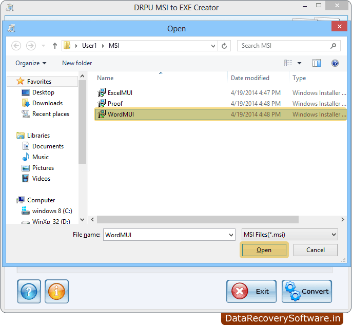 Browse .msi file setup MSI to EXE Creator